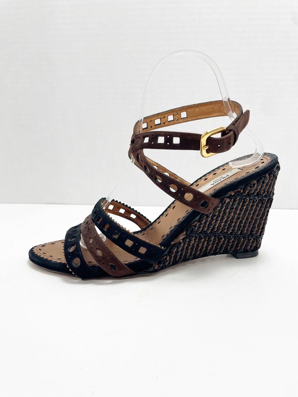 Prada Brown & Black Cutout Leather Woven Wedge Sandals Size 40